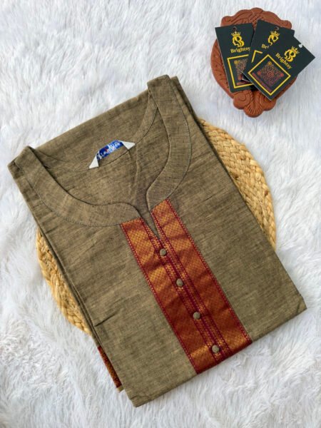 Chettinad Cotton Kurti- Kaki Brown with Maroon