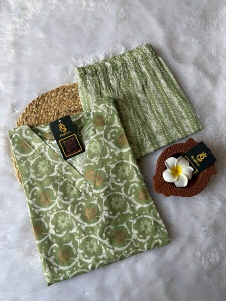 Slub Cotton Kurti and Pant Set- Pistachio Green