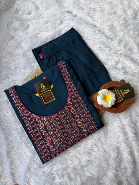 Roman Silk Kurti and Pant Set-Deep Navy Blue