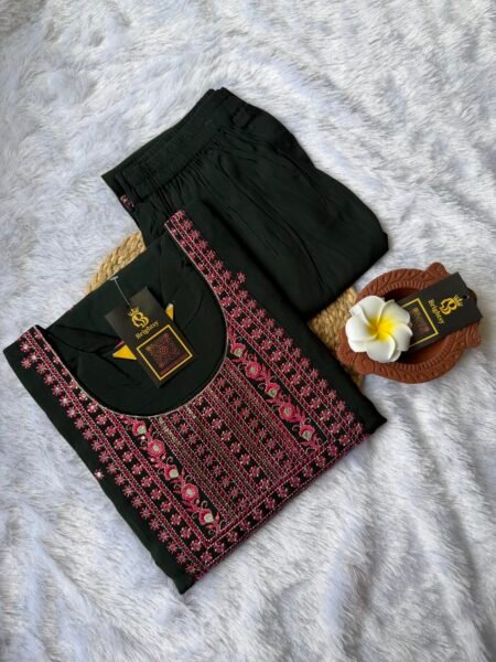 Roman Silk Kurti and Pant Set- Dark Deep Green
