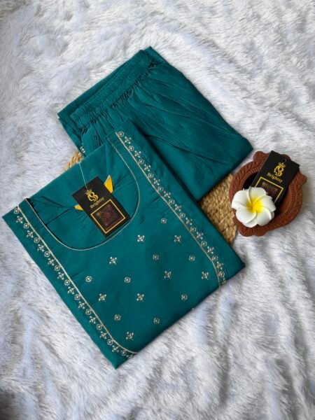 Roman Silk Kurti and Pant Set- Peacock Blue