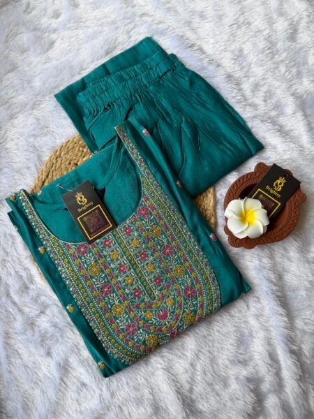 Roman Silk Kurti and Pant Set- Radiant Teal