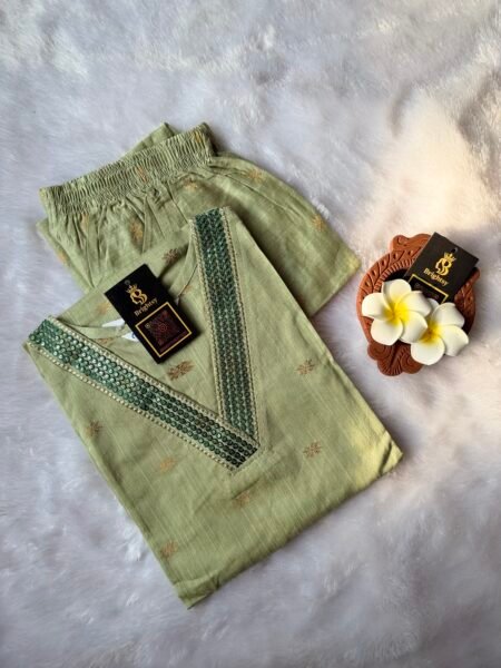 Festive Silk Kurti and Pant Set- Olive Green