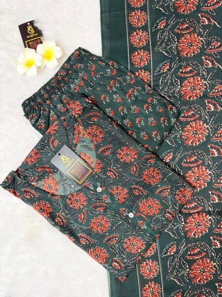 Silky Print Salwar Set- Kalamkari Green & Rusty Orange
