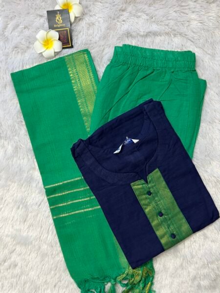 Chettinad Cotton Salwar Set- Navy Blue & Sea Green