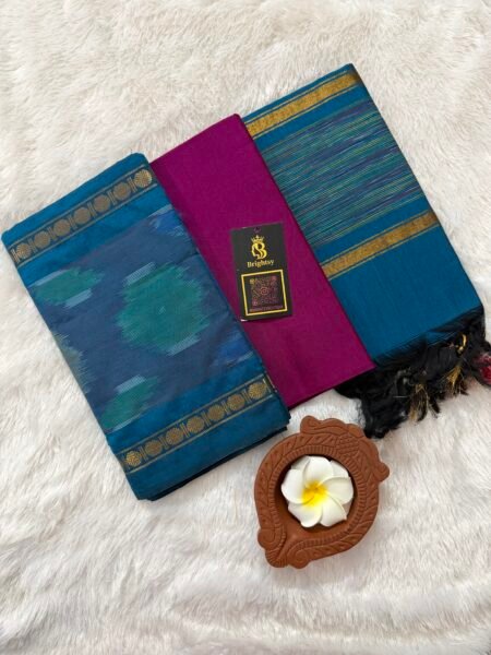 Pochampally Sico Silk Set-Deep Peacock Blue & Festive Magenta