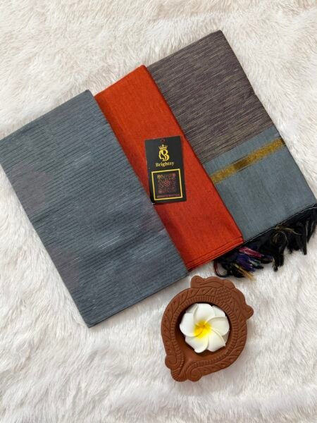 Pochampally Sico Silk Set- Slate Grey & Rust Orange