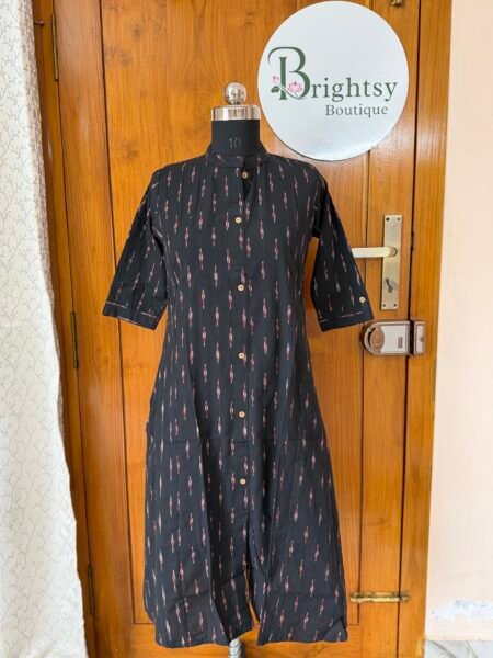 Premium Ikkat Cotton A-Line Kurta - Black